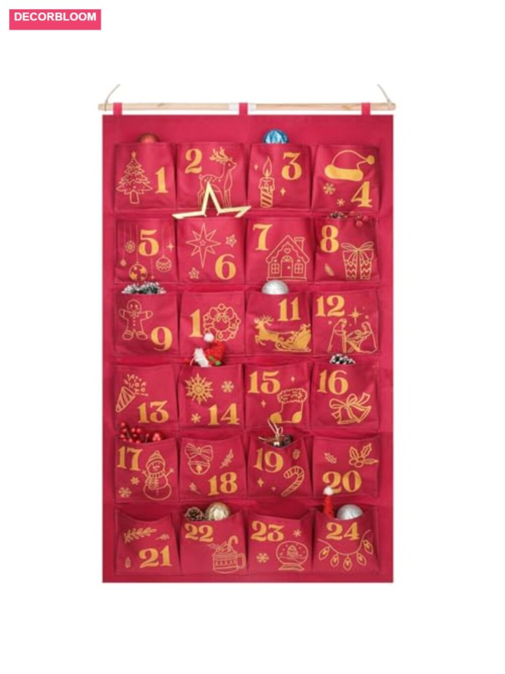 24 Pocket Fabric Christmas Advent Calendar Countdown Wall Hanging